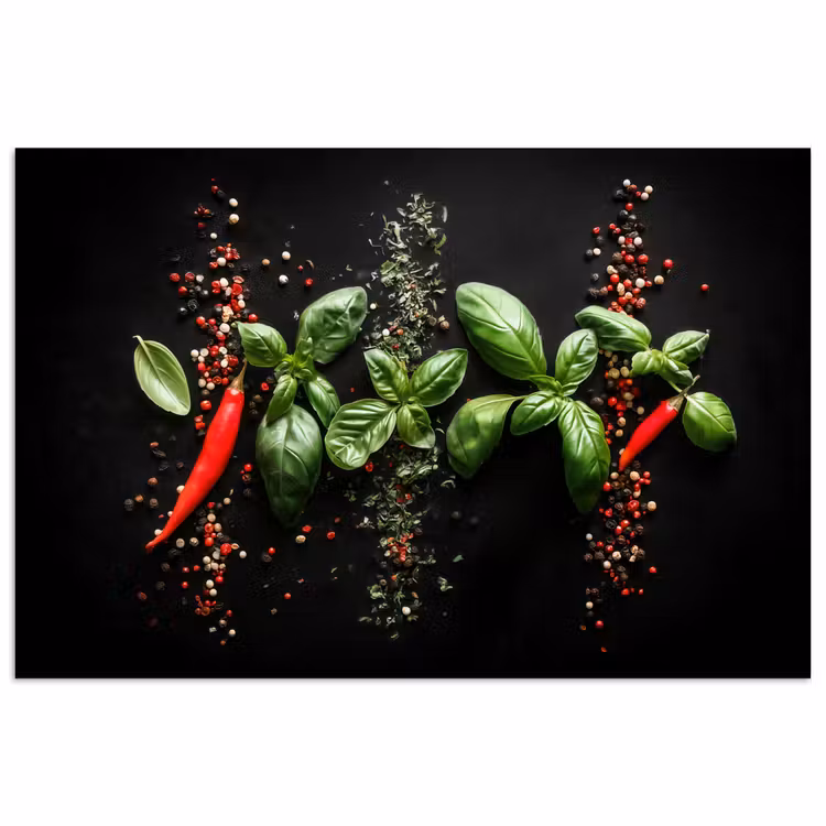Chilipepers - Basilicum - Blaadjes - Rood poster papier klein -3d