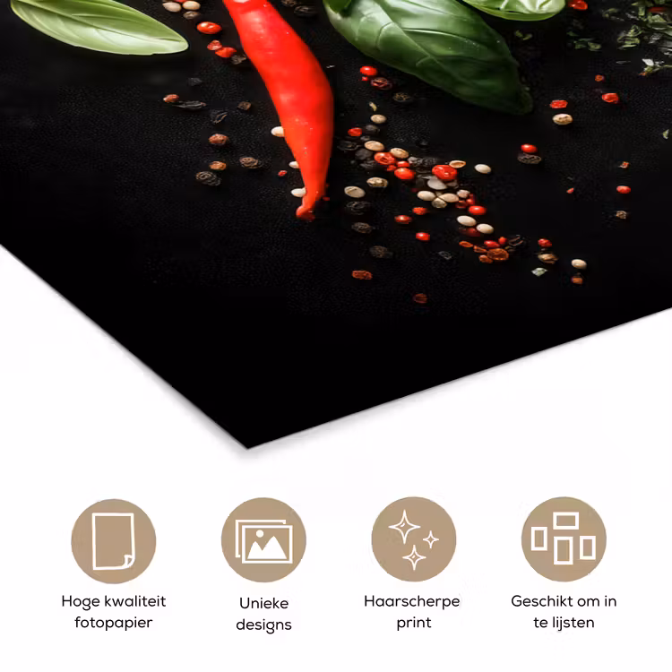 Chilipepers - Basilicum - Blaadjes - Rood poster papier klein -closeup_NL