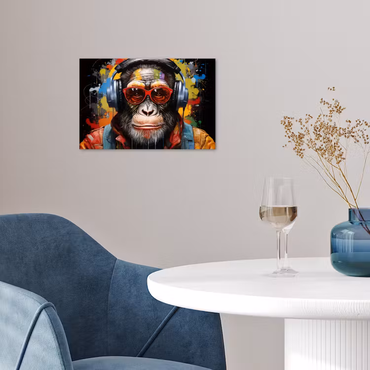 Chimpansee - Aap - dieren - Graffiti - Bril - Koptelefoon - Kleuren poster papier klein -sfeer3