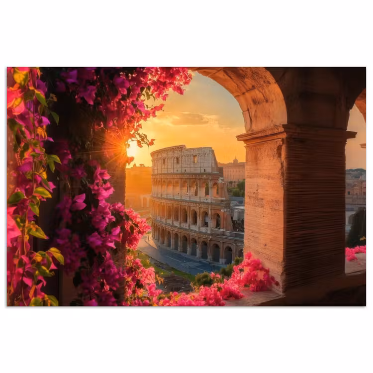Colosseum - Rome - Roze Bloemen poster papier klein -3d