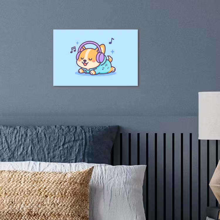 Corgi - Koptelefoon - Blauw - Muzieknoten poster papier klein -sfeer2