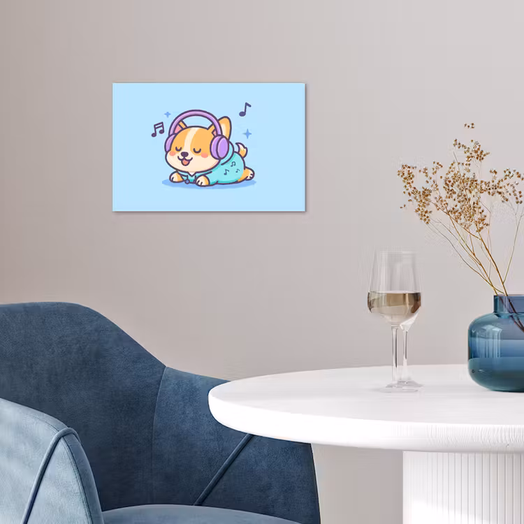 Corgi - Koptelefoon - Blauw - Muzieknoten poster papier klein -sfeer3