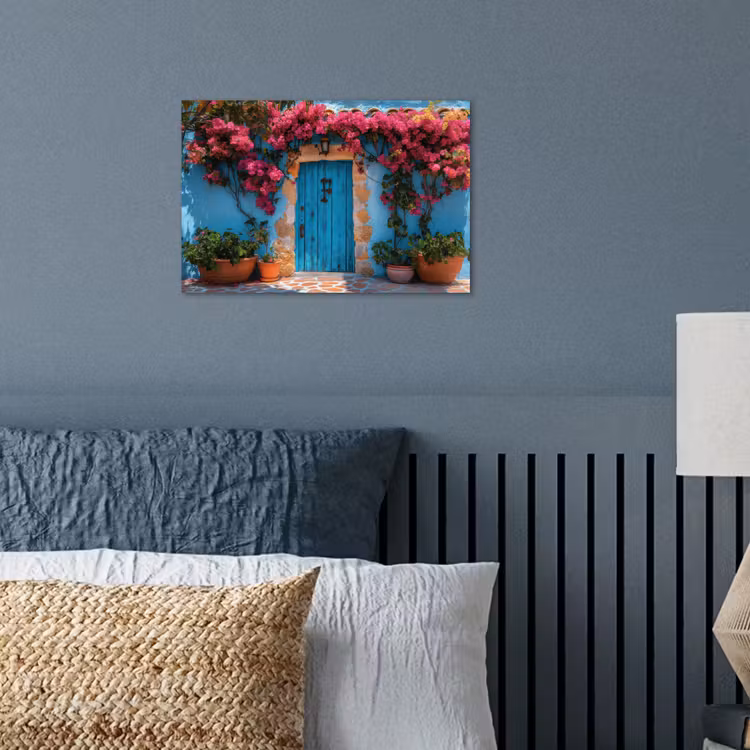 Deur - Hout - Bloemen - Blauw poster papier klein -sfeer2