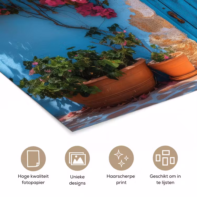 Deur - Hout - Bloemen - Blauw poster papier klein -closeup_NL