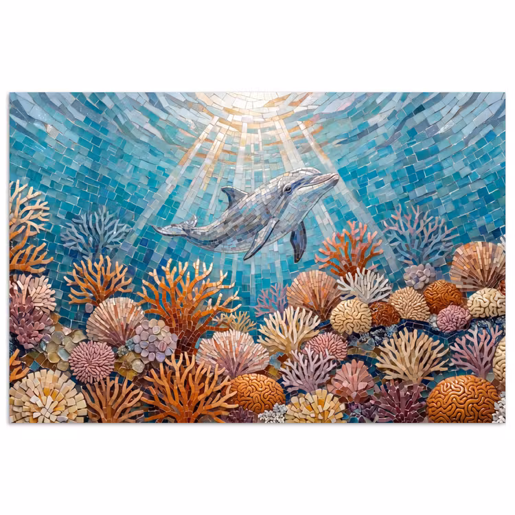 Dieren - Mozaïek - Oceaan - Koraal - Blauw poster papier klein -3d