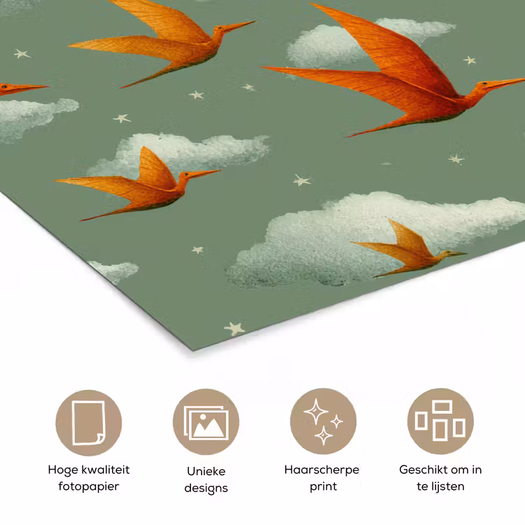 Dinosaurussen - Wolken - Sterren - Oranje poster papier klein -closeup_NL