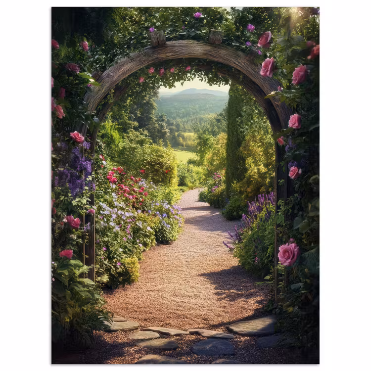 Doorkijk - Bloemen - Natuur - Rozenboog poster papier klein -3d