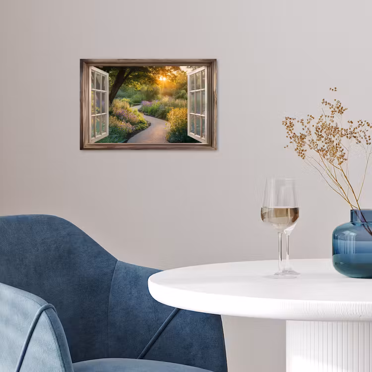 Doorkijk - Bloemen - Natuur - Zon - Pad poster papier klein -sfeer3