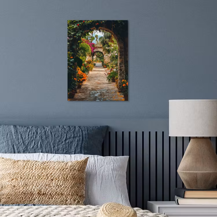 Doorkijk - Bloemen - Poort - Stenen poster papier klein -sfeer2