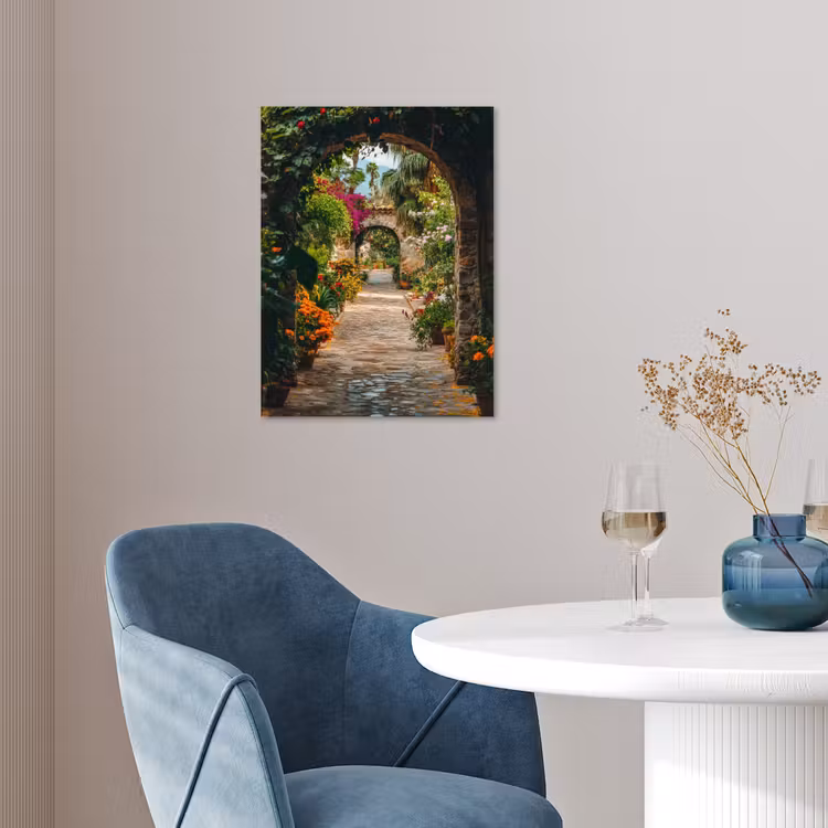 Doorkijk - Bloemen - Poort - Stenen poster papier klein -sfeer3