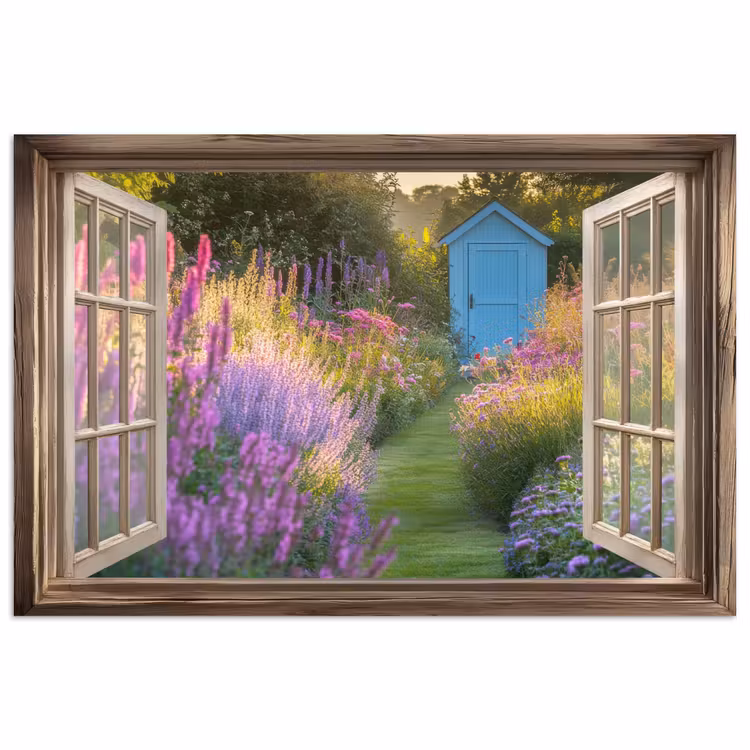 Doorkijk - Bloemen - Raam - Natuur poster papier klein -3d