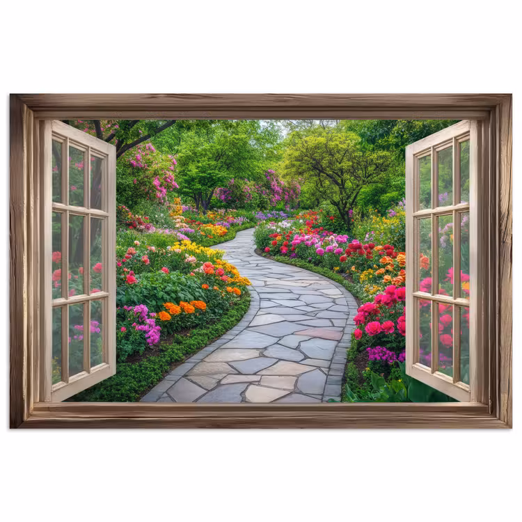 Doorkijk - Bloemen - Tuinpad - Natuur - Raam poster papier klein -3d