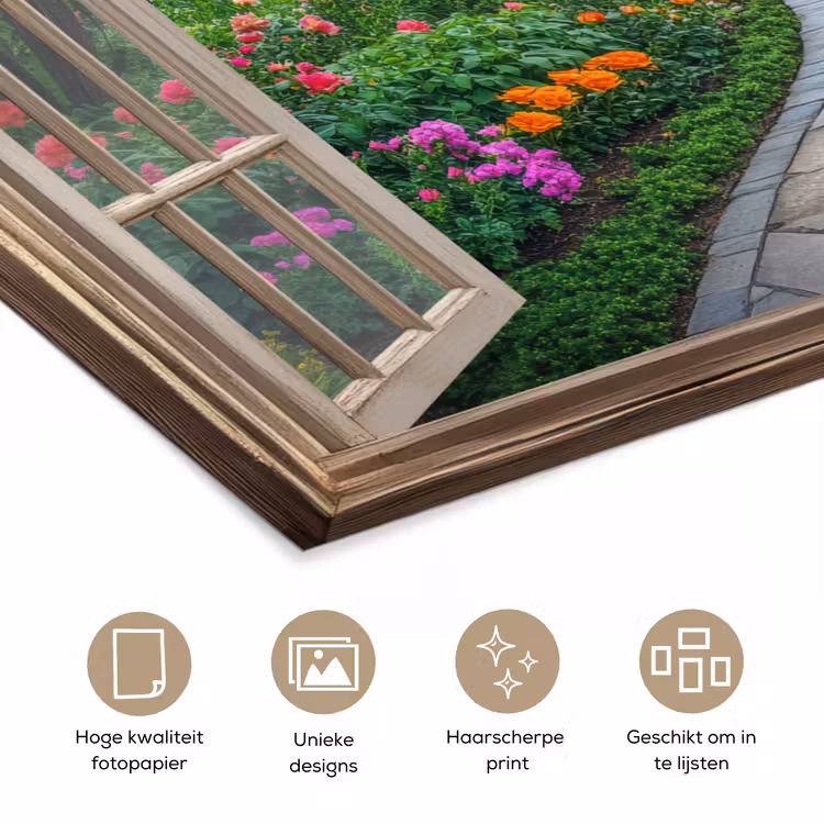 Doorkijk - Bloemen - Tuinpad - Natuur - Raam poster papier klein -closeup_NL