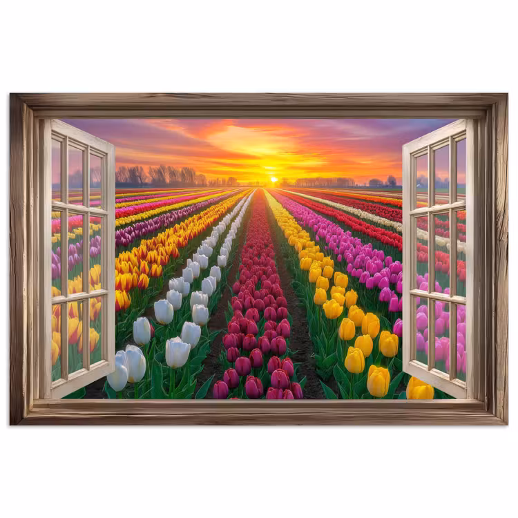 Doorkijk - Bloemen - Tulpen - Kleurrijk - Zonsondergang poster papier klein -3d