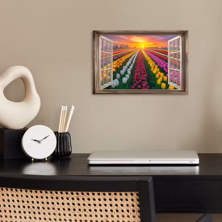 Doorkijk - Bloemen - Tulpen - Kleurrijk - Zonsondergang poster papier klein -sfeer1