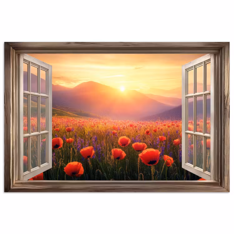 Doorkijk - Klaprozen - Bloemen - Rood - Open raam poster papier klein -3d