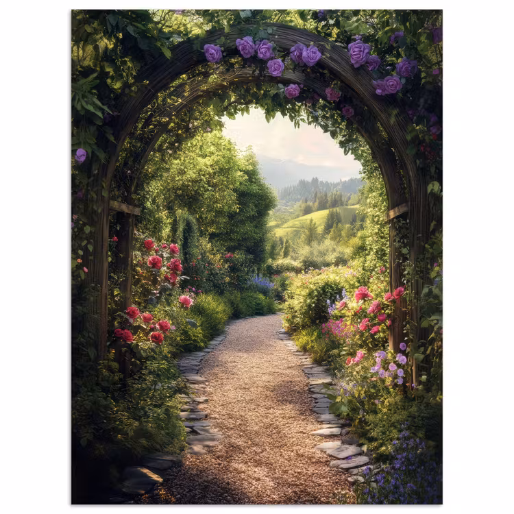 Doorkijk - Landschap - Bloemen - Tuinboog - Natuur poster papier klein -3d