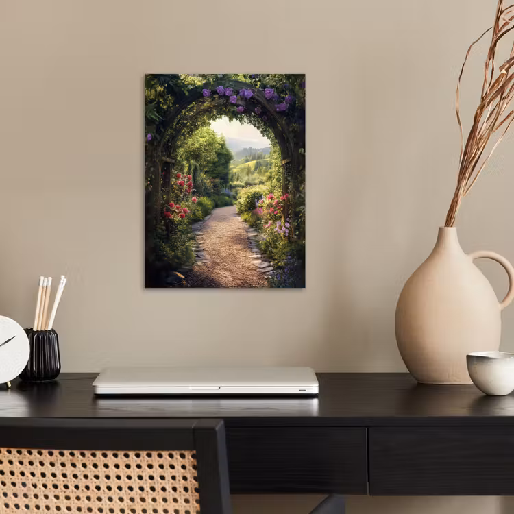 Doorkijk - Landschap - Bloemen - Tuinboog - Natuur poster papier klein -sfeer1