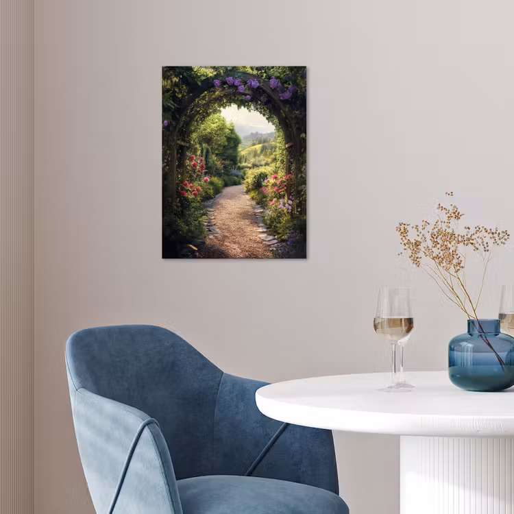 Doorkijk - Landschap - Bloemen - Tuinboog - Natuur poster papier klein -sfeer3