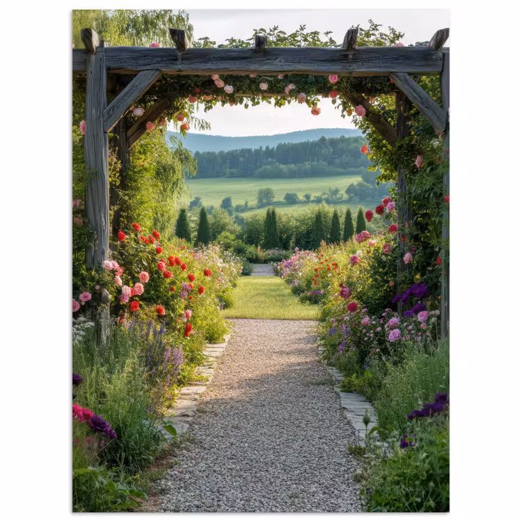 Doorkijk - Landschap - Natuur - Tuinboog - Bloemen poster papier klein -3d