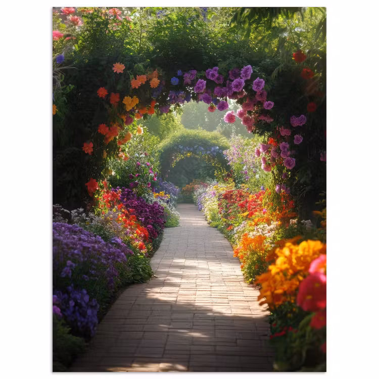 Doorkijk - Pad - Bloemen - Struik - Kleurrijk poster papier klein -3d