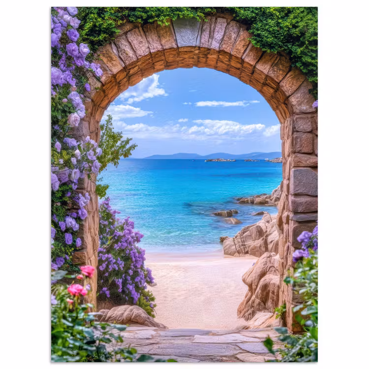 Doorkijk - Poort - Zee - Strand - Rotsen poster papier klein -3d