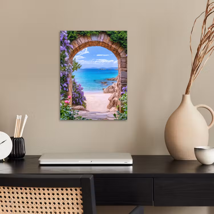 Doorkijk - Poort - Zee - Strand - Rotsen poster papier klein -sfeer1