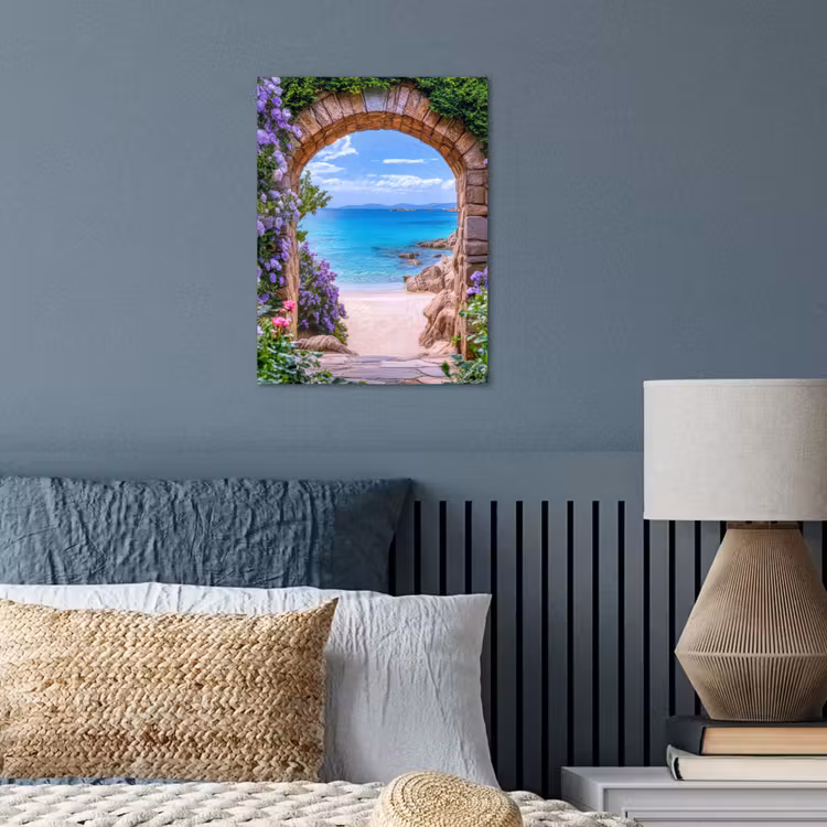 Doorkijk - Poort - Zee - Strand - Rotsen poster papier klein -sfeer2