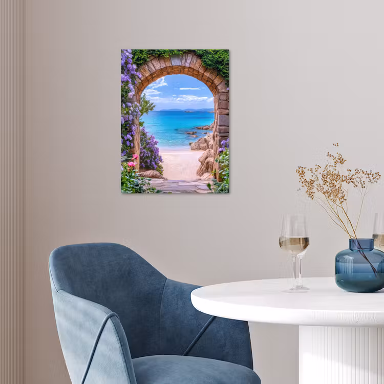 Doorkijk - Poort - Zee - Strand - Rotsen poster papier klein -sfeer3