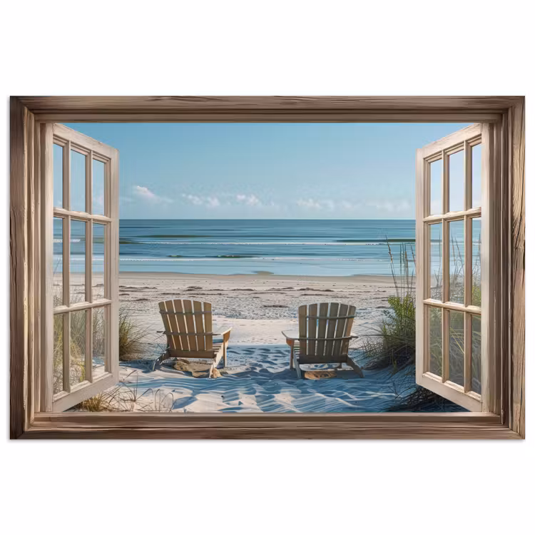 Doorkijk - Strandstoelen - Duinen - Zee - Natuur poster papier klein -3d
