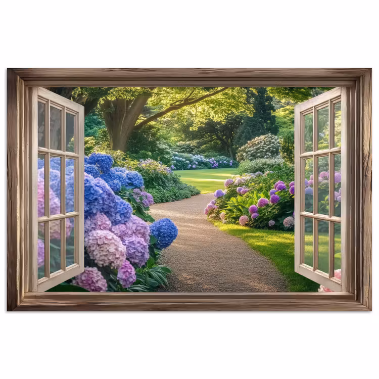 Doorkijk - Tuin - Raam - Hortensia - Bloemen poster papier klein -3d