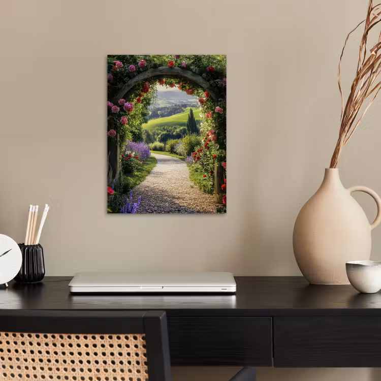 Doorkijk - Tuinboog - Bloemen - Natuur - Pad poster papier klein -sfeer1