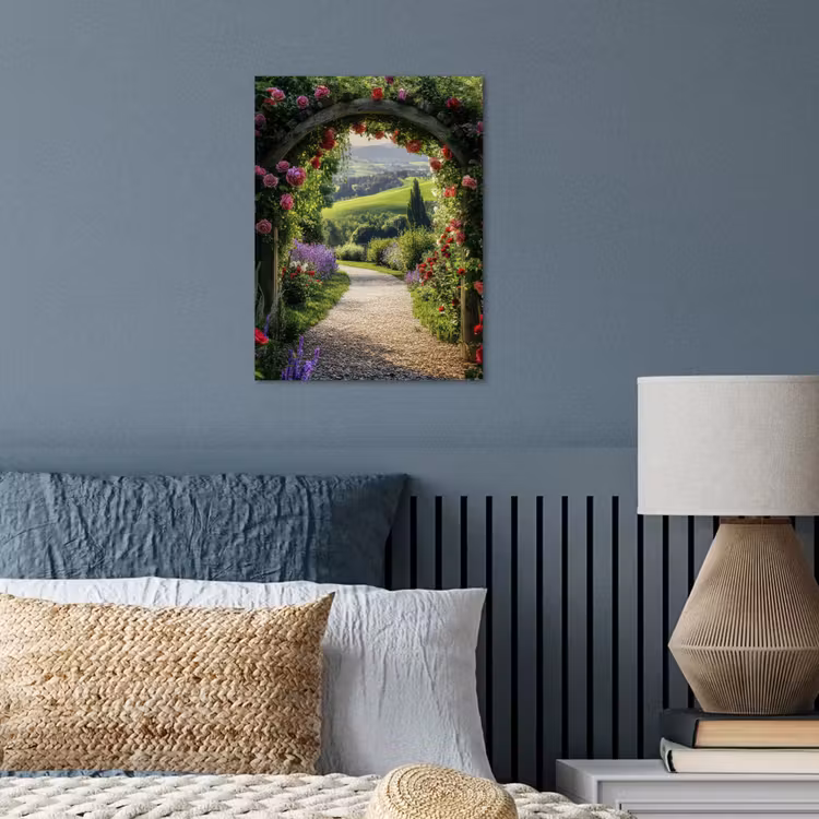 Doorkijk - Tuinboog - Bloemen - Natuur - Pad poster papier klein -sfeer2