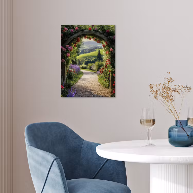 Doorkijk - Tuinboog - Bloemen - Natuur - Pad poster papier klein -sfeer3