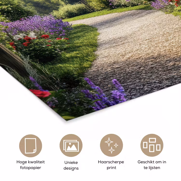 Doorkijk - Tuinboog - Bloemen - Natuur - Pad poster papier klein -closeup_NL