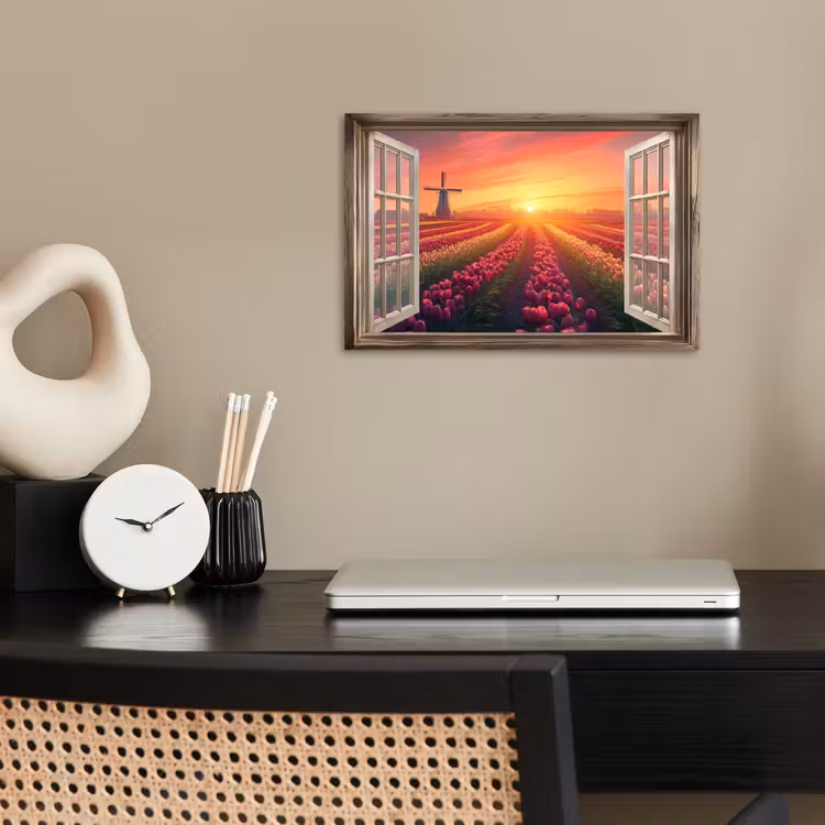 Doorkijk - Tulpen - Zonsondergang - Bloemen - Kleurrijk poster papier klein -sfeer1