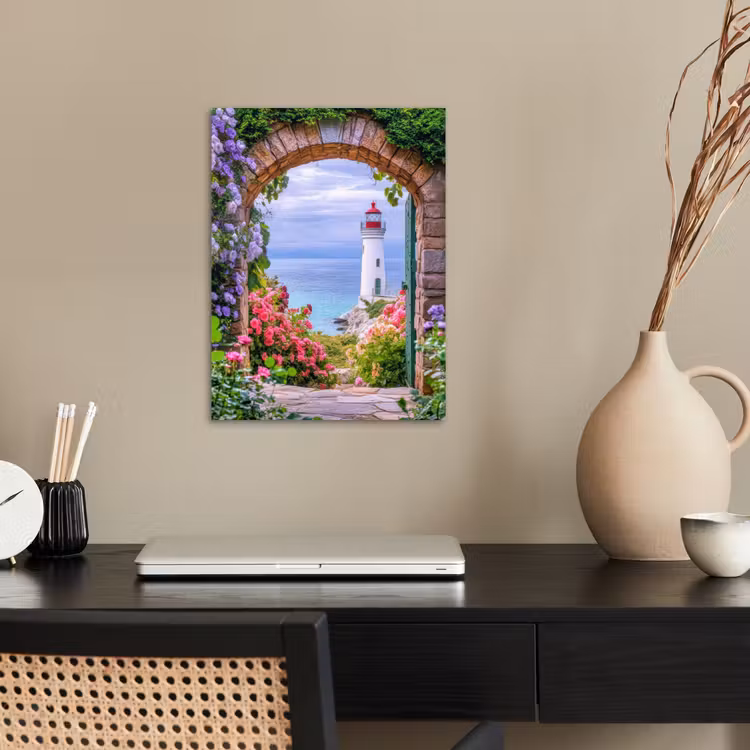 Doorkijk - Vuurtoren - Bloemen - Uitzicht poster papier klein -sfeer1