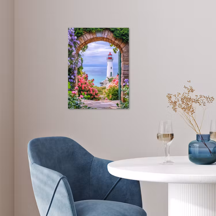 Doorkijk - Vuurtoren - Bloemen - Uitzicht poster papier klein -sfeer3