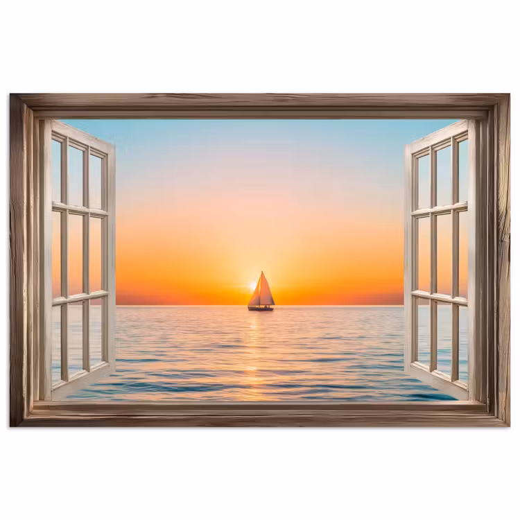Doorkijk - Zee - Boot - Zonsondergang poster papier klein -3d