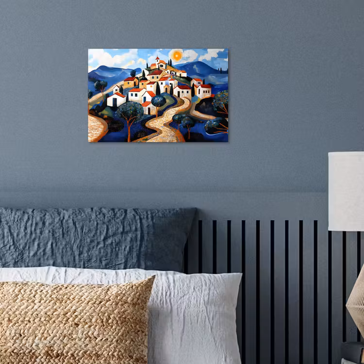 Dorp - Heuvelachtig - Zon - Mozaïek poster papier klein -sfeer2