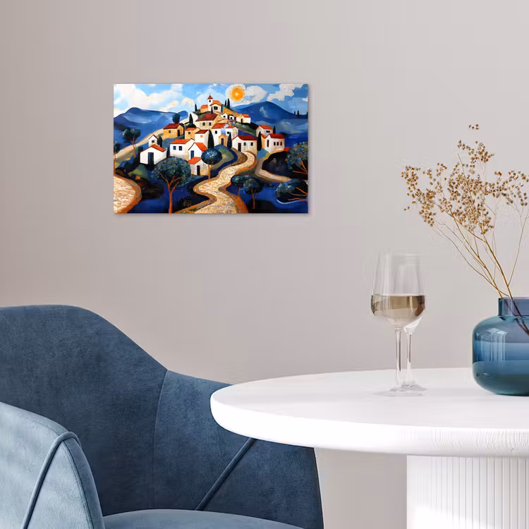 Dorp - Heuvelachtig - Zon - Mozaïek poster papier klein -sfeer3