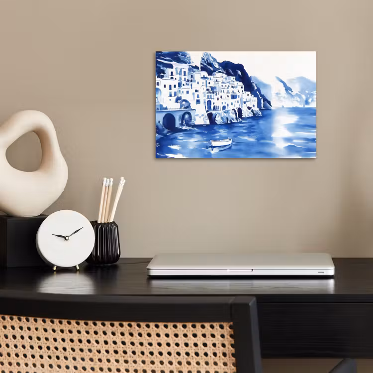 Dorp - Rotswand - Roeiboot - Water poster papier klein -sfeer1