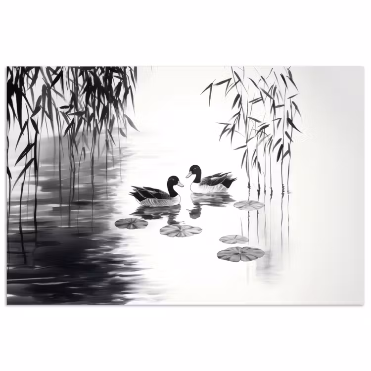 Eenden - Waterlelies - Riet - Zwart poster papier klein -3d