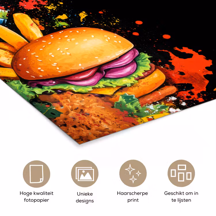 Fastfood - Graffiti - Hamburger - Eten - Modern poster papier klein -closeup_NL
