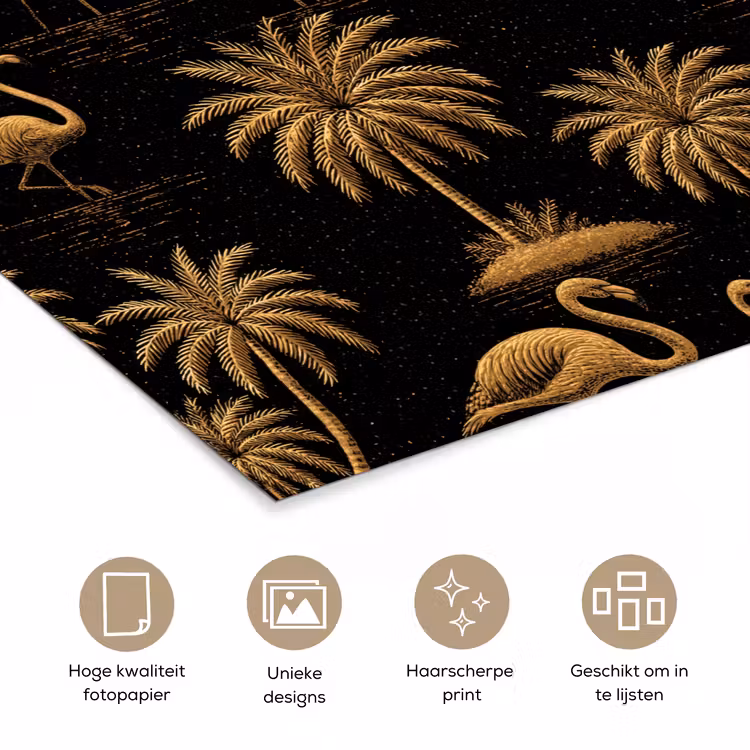 Flamingo - Palmbomen - Tropisch - Goud - Zwart poster papier klein 62 -closeup_NL