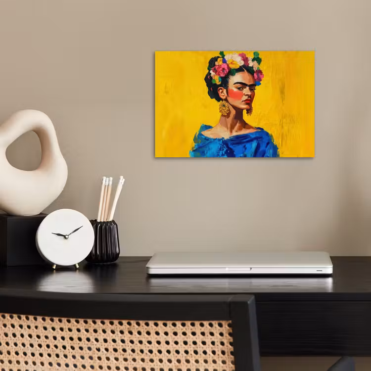 Frida Kahlo - Vrouw - Geel - Blauw - Bloemen poster papier klein -sfeer1
