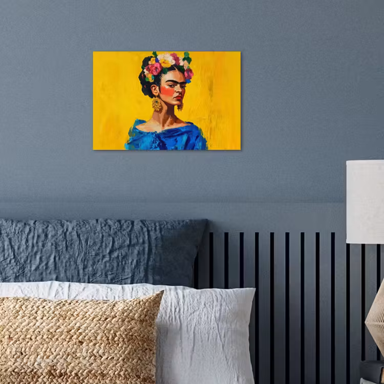 Frida Kahlo - Vrouw - Geel - Blauw - Bloemen poster papier klein -sfeer2