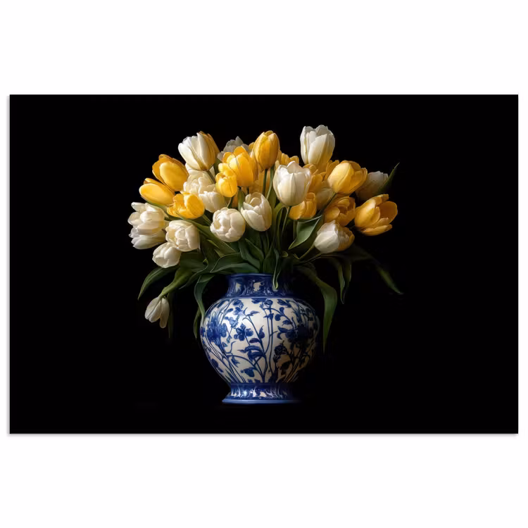 Geel - Tulpen - Vaas - Bloemen poster papier klein -3d