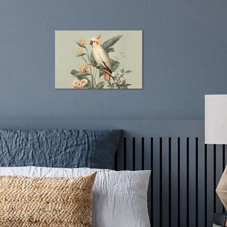 Gele kuifkaketoe - paradijsvogelbloemen - Groen poster papier klein -sfeer2