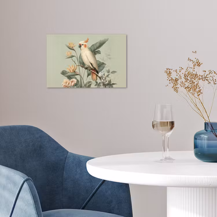 Gele kuifkaketoe - paradijsvogelbloemen - Groen poster papier klein -sfeer3